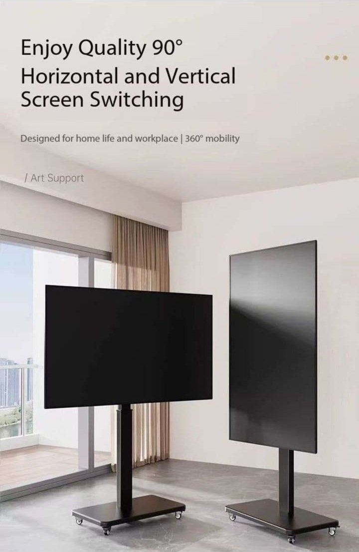 Kayeef rotating floor stand displays in a modern residential setting, shown in both landscape and portrait orientations